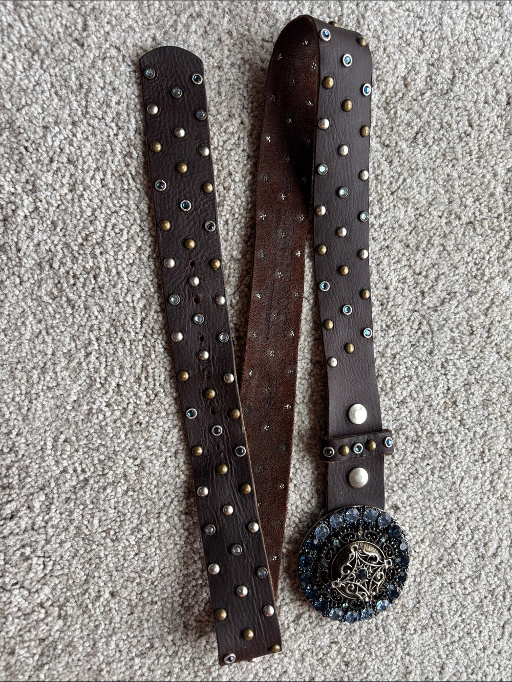Leatherock Dark Brown Studded Leather Belt with Blue Accent Buckle